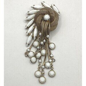 1960s Marquis Milk Glass Gold Tone Swirl Chandelier Brooch Pin RARE